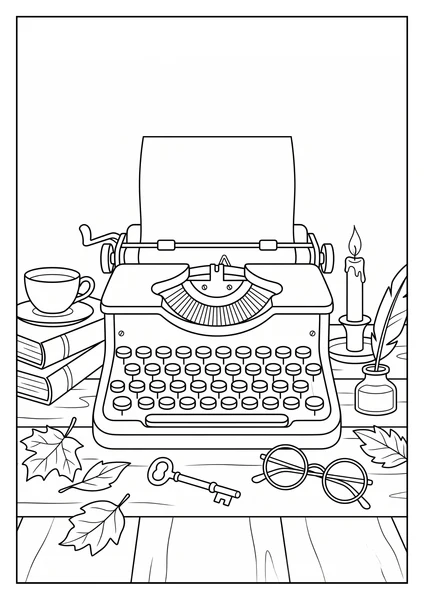 Dark Academia Typewriter with Candle, Books and Quill Coloring Page coloring page