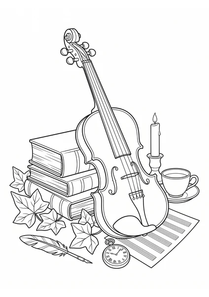 Dark Academia Violin with Books and Candle Coloring Page coloring page