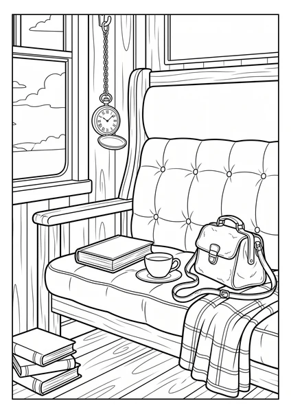 Dark Academia Window Seat with Books and Satchel Coloring Page coloring page