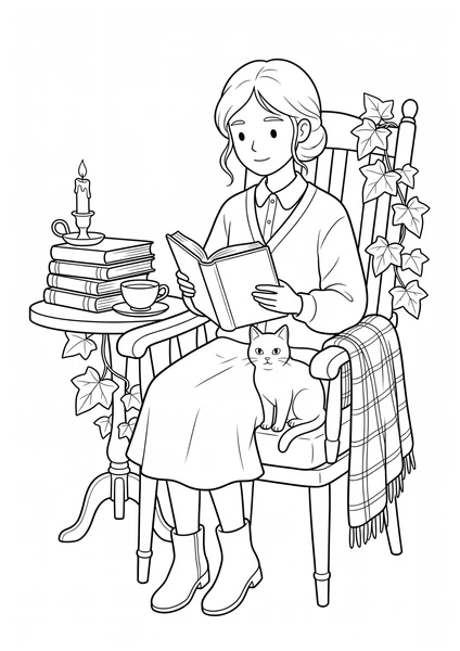Dark Academia Woman Reading with Cat and Candle Coloring Page coloring page