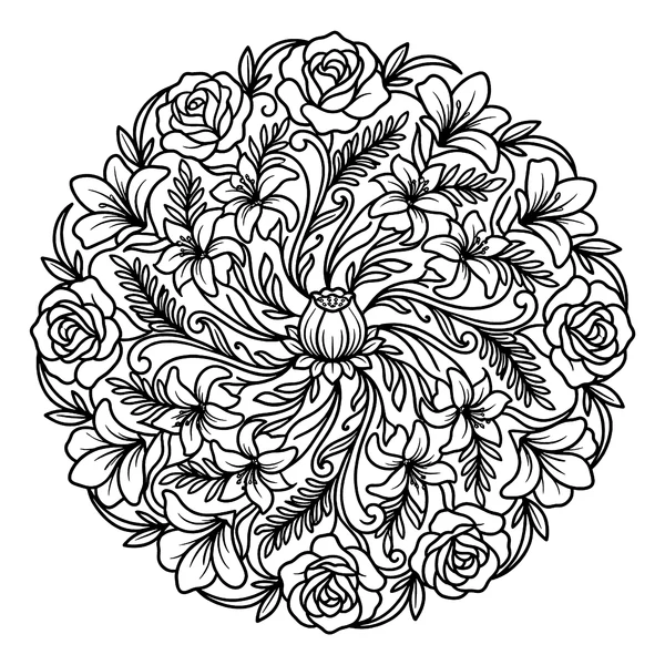Elegant Floral Mandala with Roses and Lilies coloring page