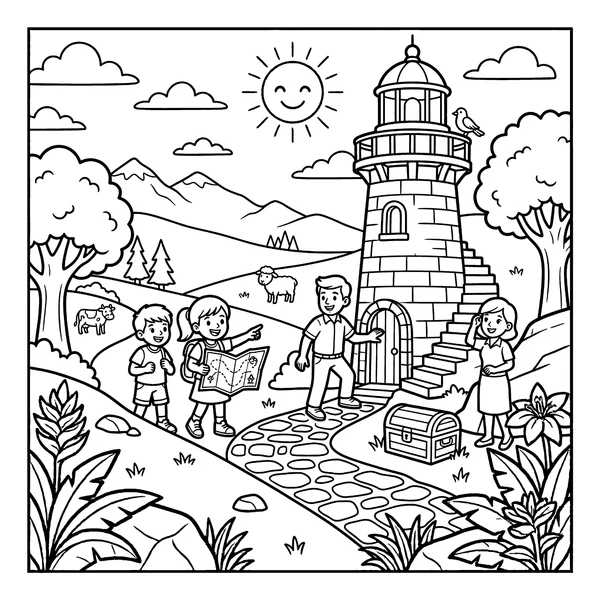 Family Lighthouse Treasure Hunt Coloring Page coloring page