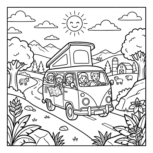 Family Road Trip Camper Van Coloring Page coloring page