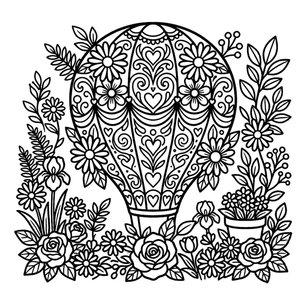 Floral Hot Air Balloon Coloring Page coloring page