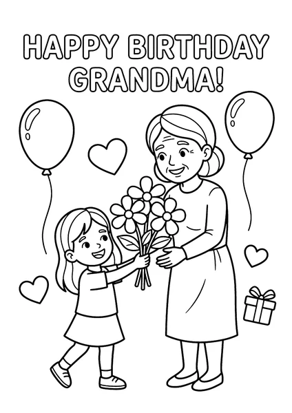 Granddaughter Giving Grandma Birthday Flowers with Balloons Coloring Page coloring page