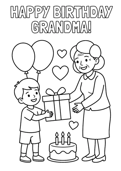 Grandson Giving Grandma Birthday Gift with Cake Coloring Page coloring page