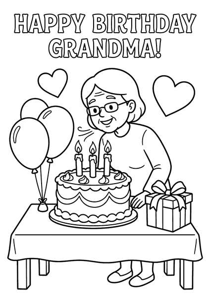 Happy Birthday Grandma Blowing Out Cake Candles Coloring Page coloring page