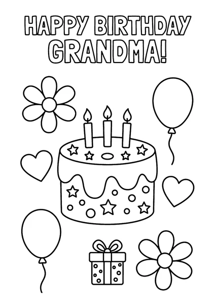 Happy Birthday Grandma Cake, Gift and Balloons Coloring Page coloring page