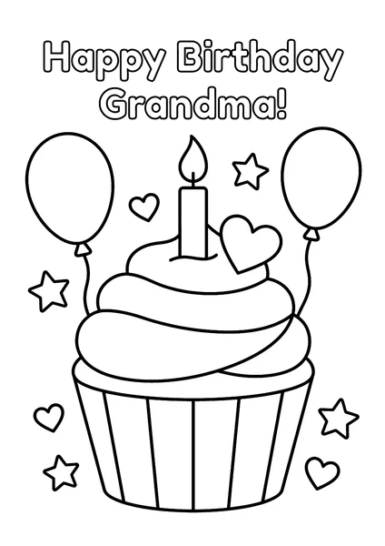 Happy Birthday Grandma Cupcake with Candle and Balloons Coloring Page coloring page