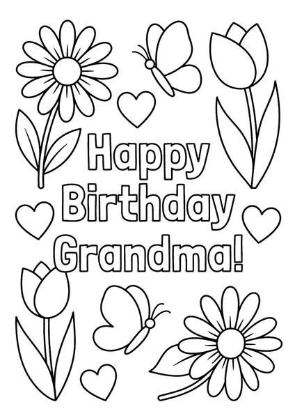Happy Birthday Grandma Flowers and Butterflies Coloring Page coloring page