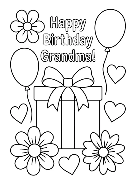 Happy Birthday Grandma 2D Gift Box with Balloons and Flowers Coloring Page coloring page