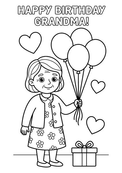 Happy Birthday Grandma Holding Balloons and Gift Coloring Page coloring page
