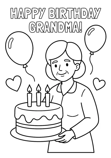 Happy Birthday Grandma Holding Cake with Balloons Coloring Page coloring page