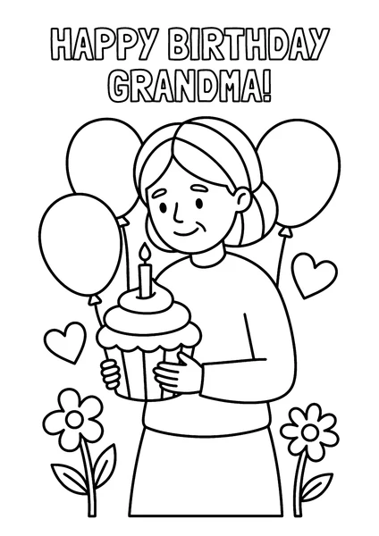 Happy Birthday Grandma Holding Cupcake with Candle and Balloons Coloring Page coloring page