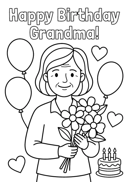 Happy Birthday Grandma Holding Flowers with Cake and Balloons Coloring Page coloring page
