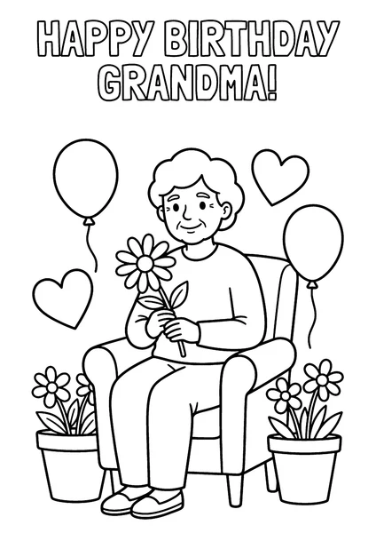 Happy Birthday Grandma Sitting with Flower and Balloons Coloring Page coloring page