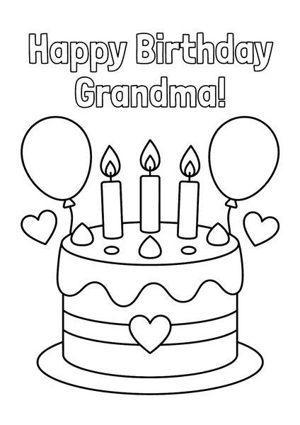 Happy Birthday Grandma Three-Candle Cake and Balloons Coloring Page coloring page