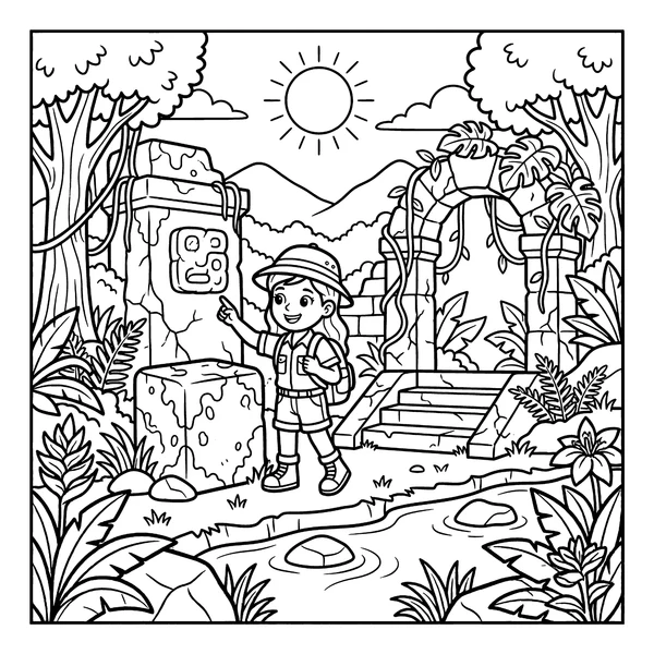 Jungle Explorer Girl and Ancient Ruins Coloring Page coloring page