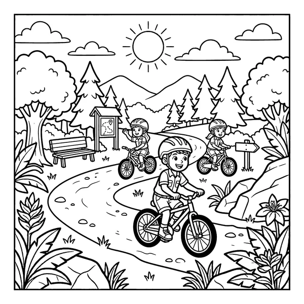 Kids Bike Riding Adventure Coloring Page coloring page