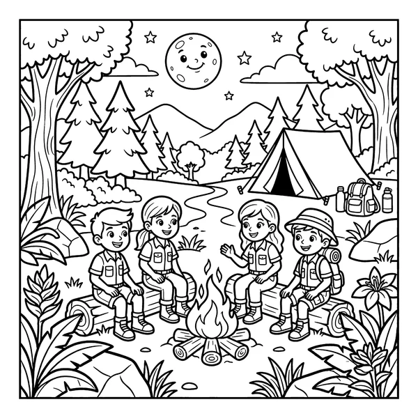 Kids Camping Around Campfire Coloring Page coloring page