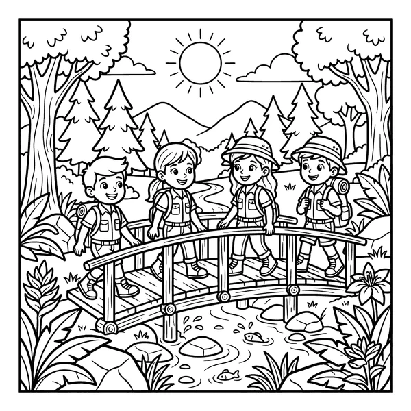 Kids Hiking Adventure Crossing Forest Bridge Coloring Page coloring page