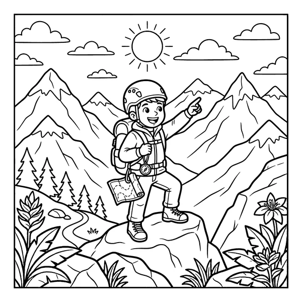 Mountain Hiker Boy Adventure Coloring Page coloring page