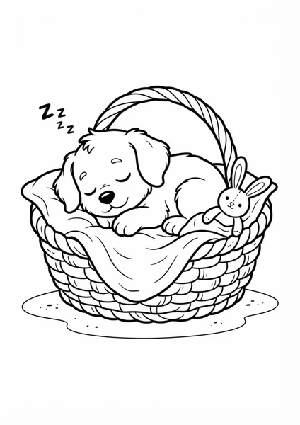 Sleeping Puppy in Basket with Bunny Toy Coloring Page coloring page