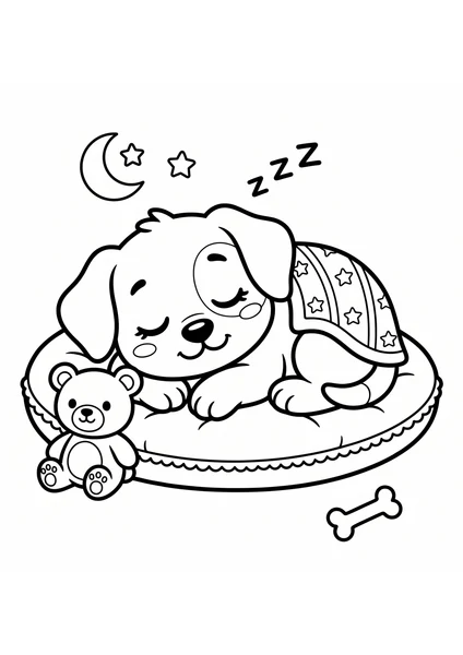 Sleeping Puppy on Bed with Teddy Bear and Bone Coloring Page coloring page