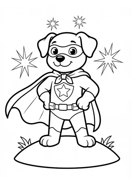 Superhero Puppy with Cape Mask and Star Badge Coloring Page coloring page